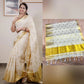 Onam tissue saree with gold polka dots and temple design- stitched blouse