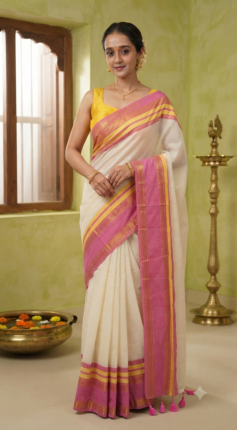 Mul cotton saree with pink yellow border
