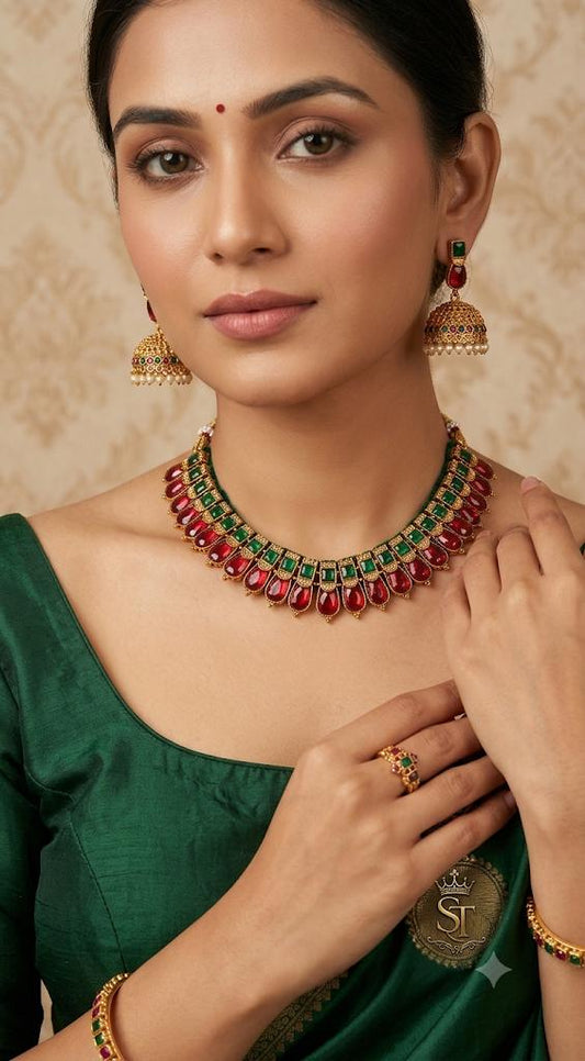 Traditional green/ red palakka necklace with earrings