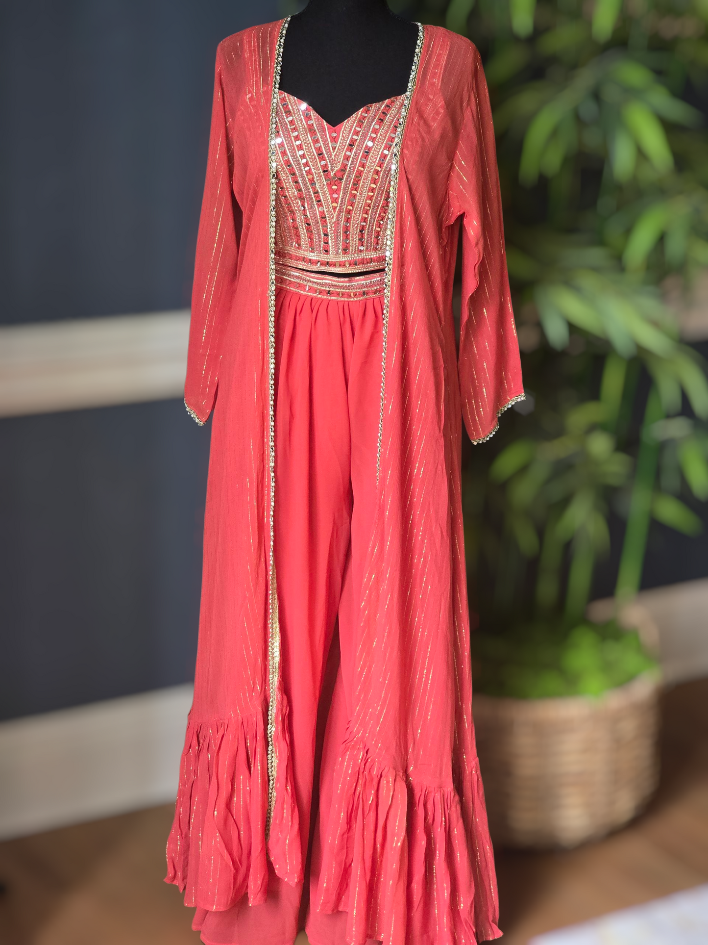 Flayered palazo 3 pc party wear set( Dark peach)