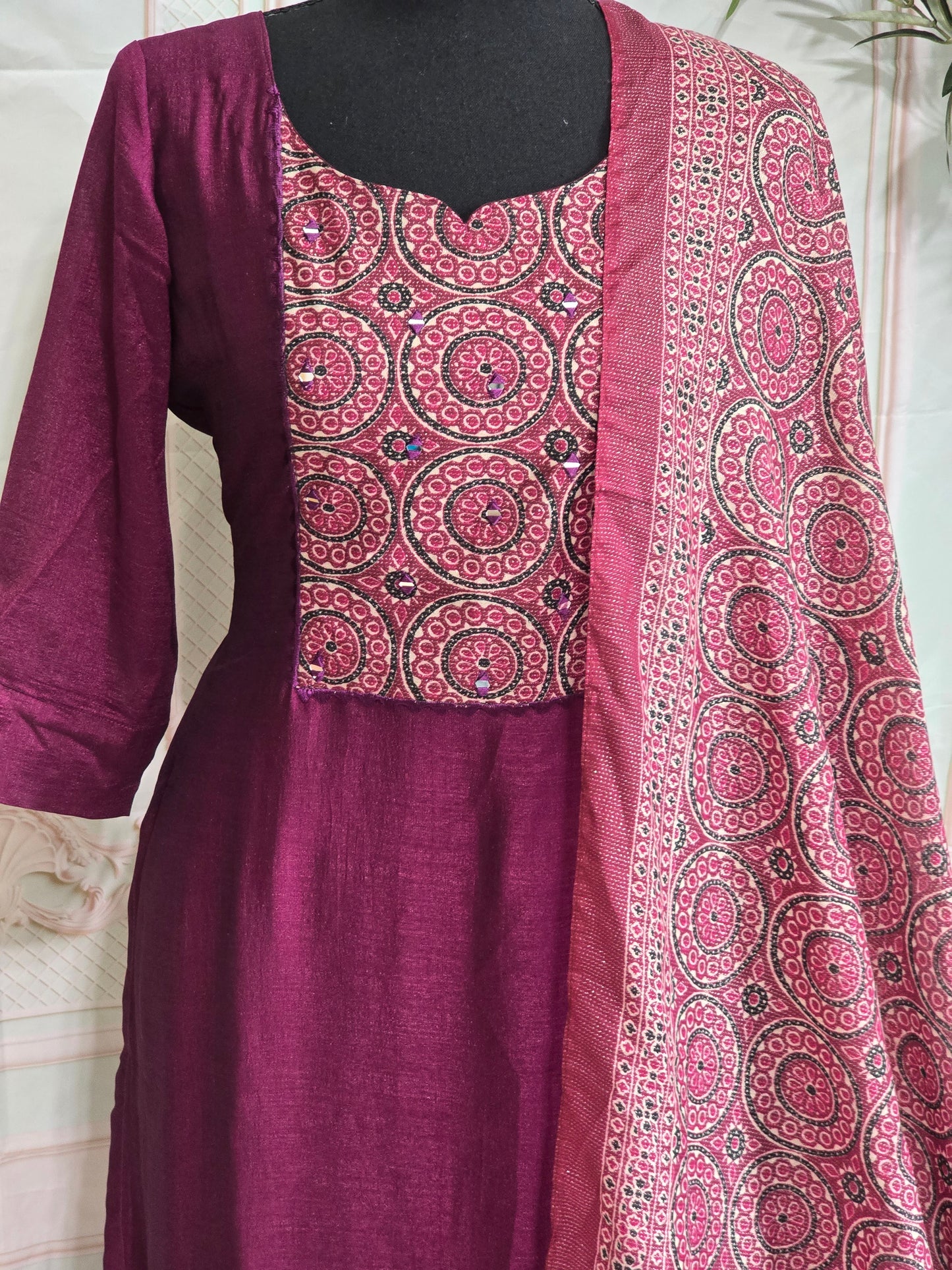 Semi silk 3 pc salwar suit with mirror work yoke