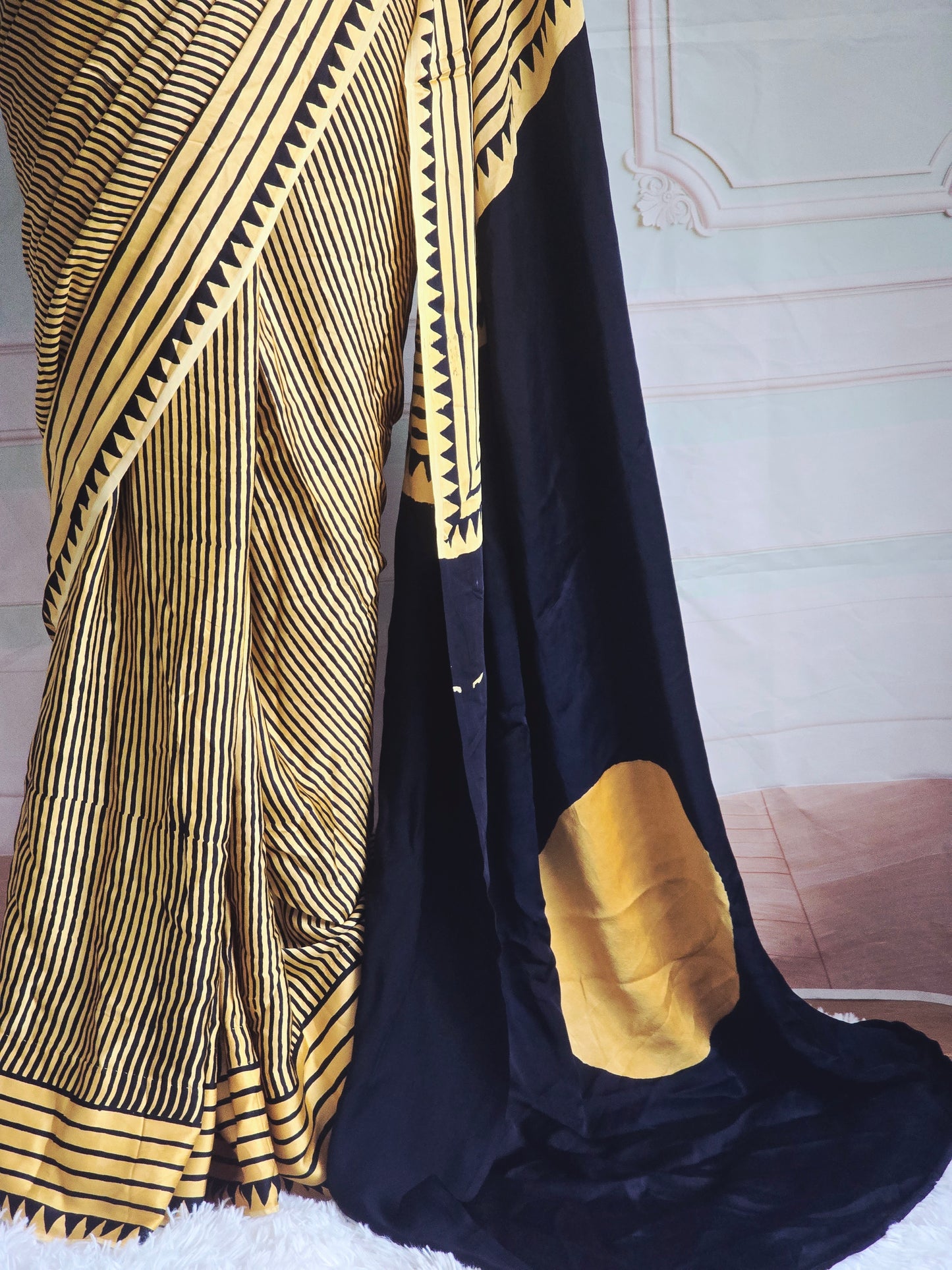 Modal silk saree with black stripes- stitched blouse