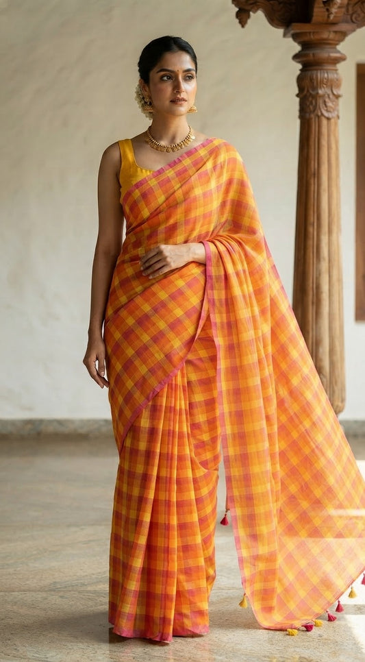 Mul cotton saree with check design- fall and pico ready- No BP