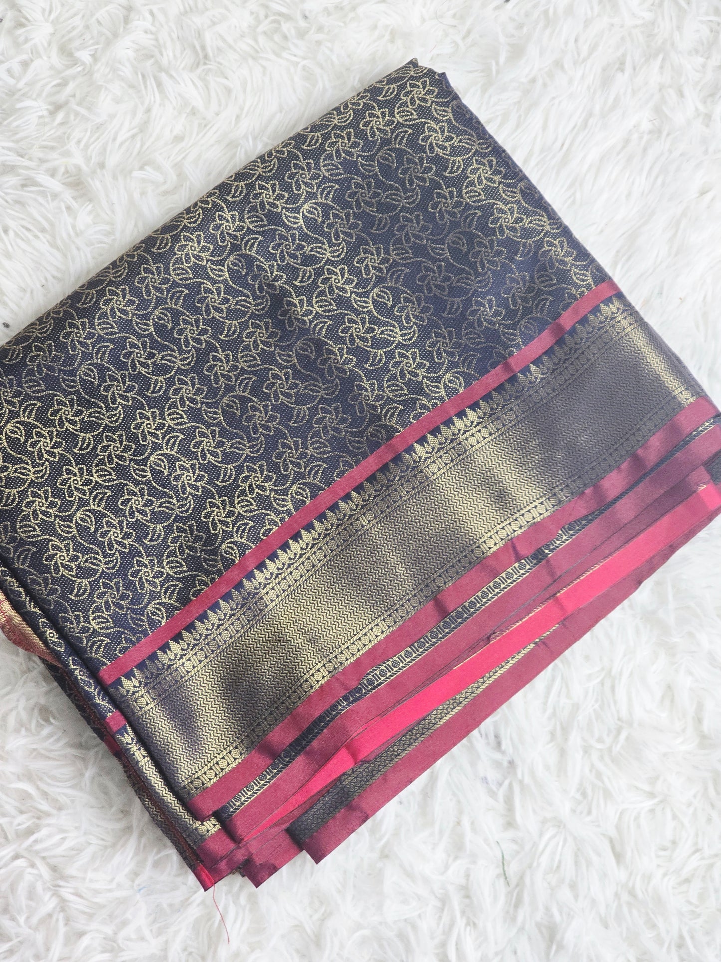 Semi brocade saree (blue/ maroon) with stitched blouse