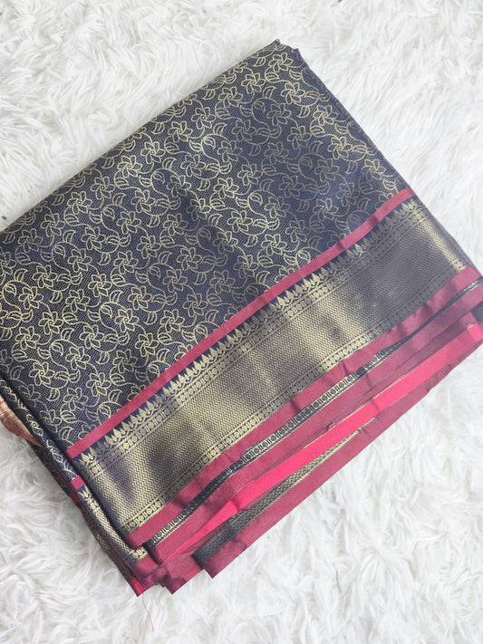 Semi brocade saree (blue/ maroon) with stitched blouse