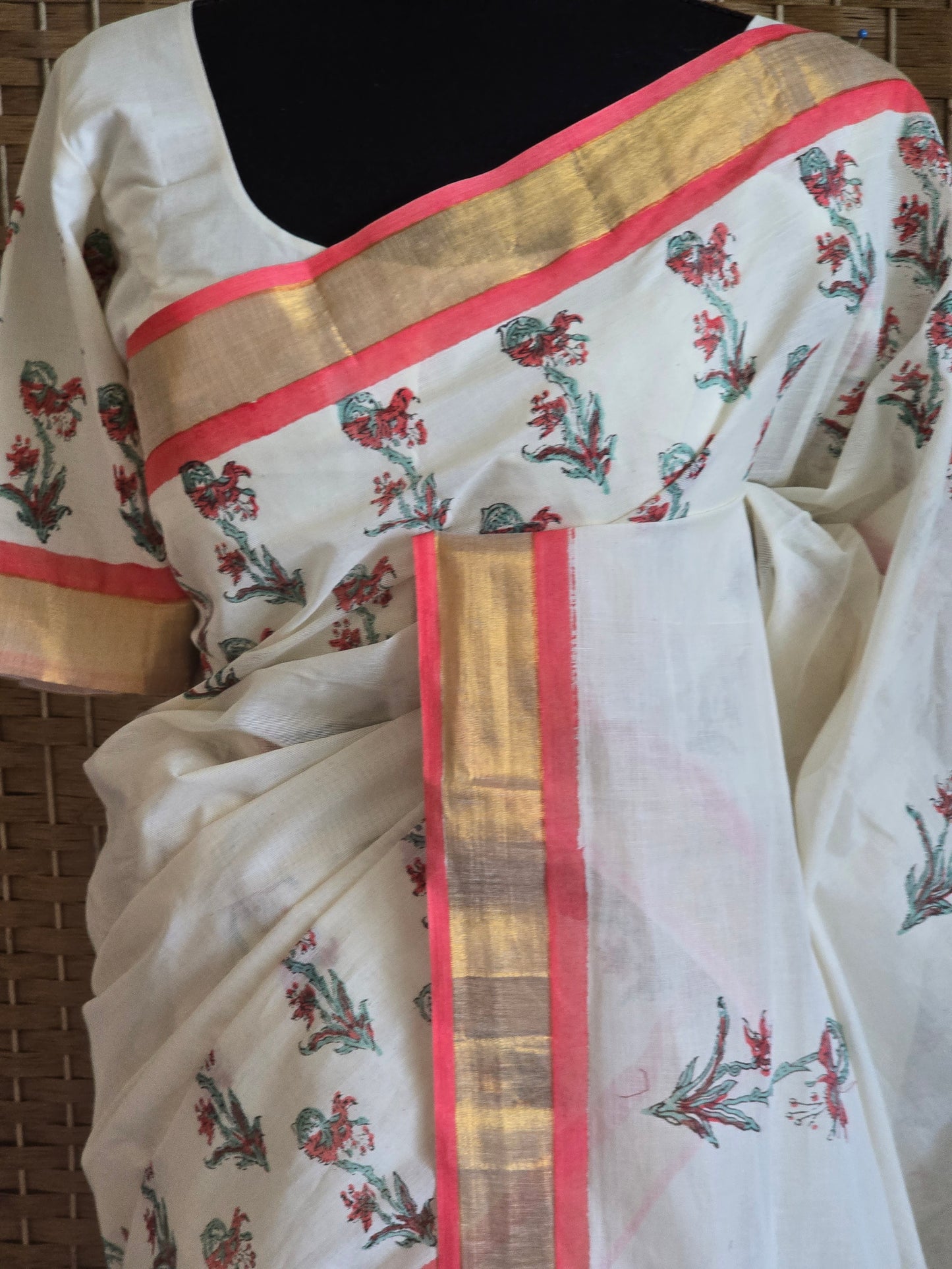 Premium cotton kerala saree with floral block print design-stitched blouse