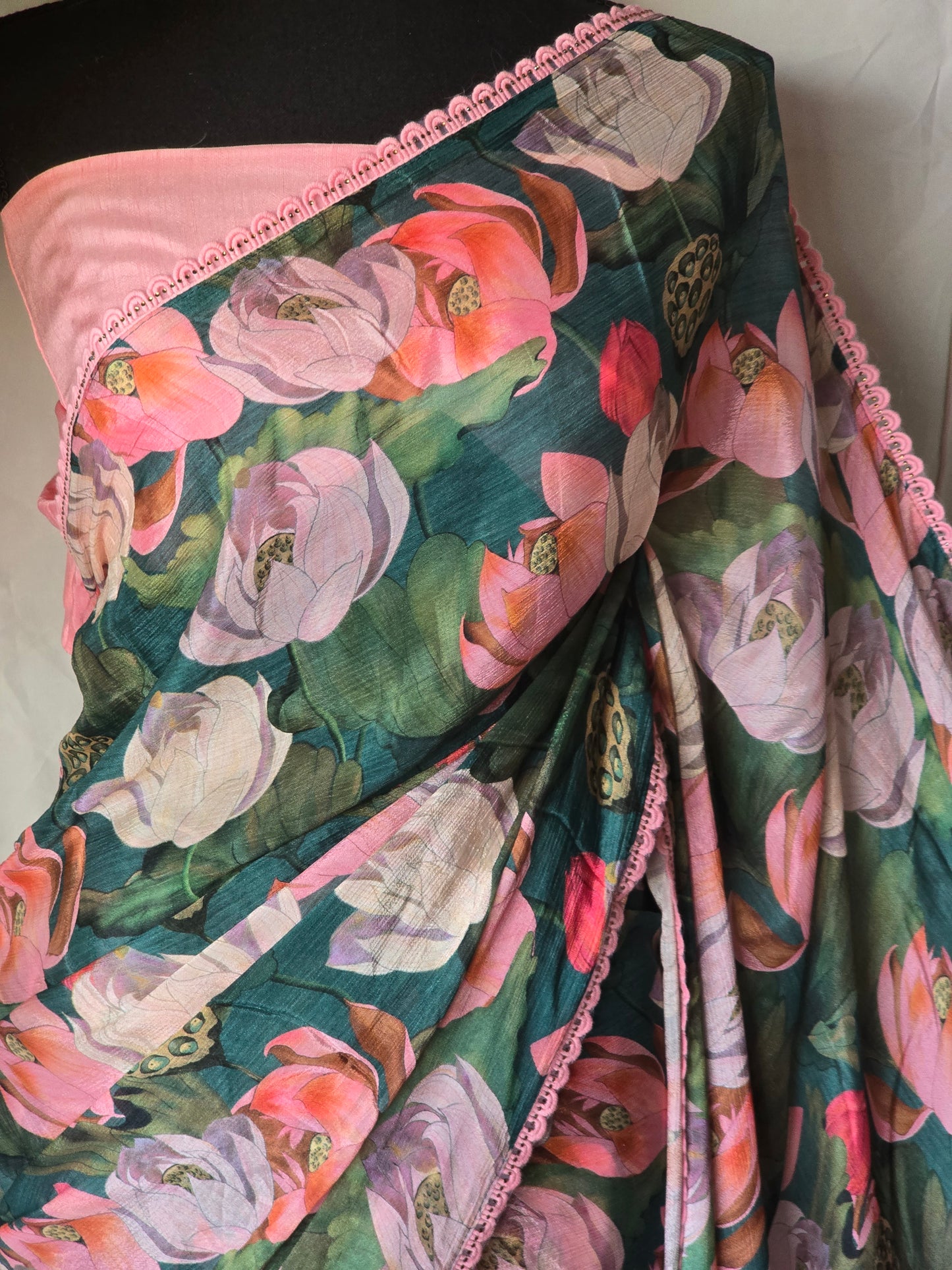 Chiffon floral printed saree with stitched blouse