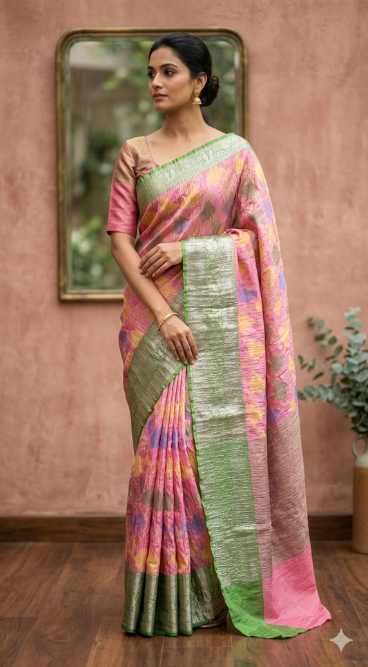 Crushed semi tussar silk saree with floral design- stitched blouse