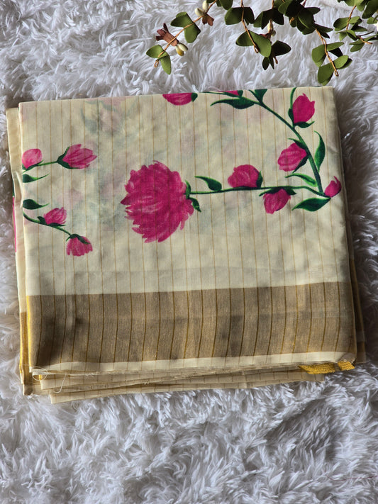 Kerala saree with pink floral-stitched blouse