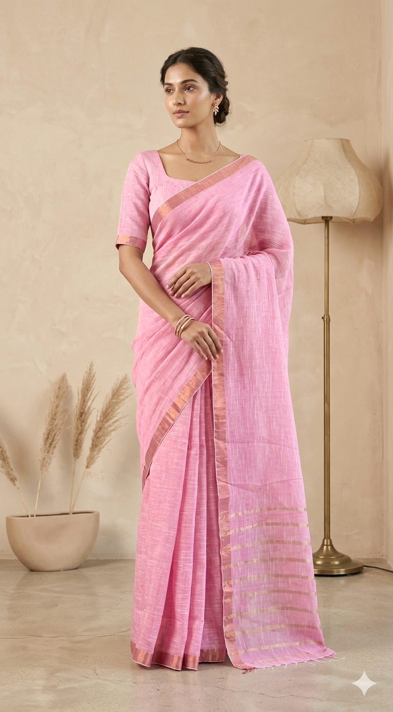 Linen saree with copper border- stithed blouse