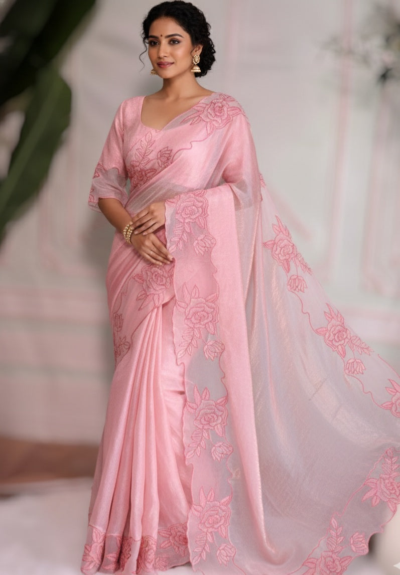 Velvet organza saree with applique work borders- stitched blouse