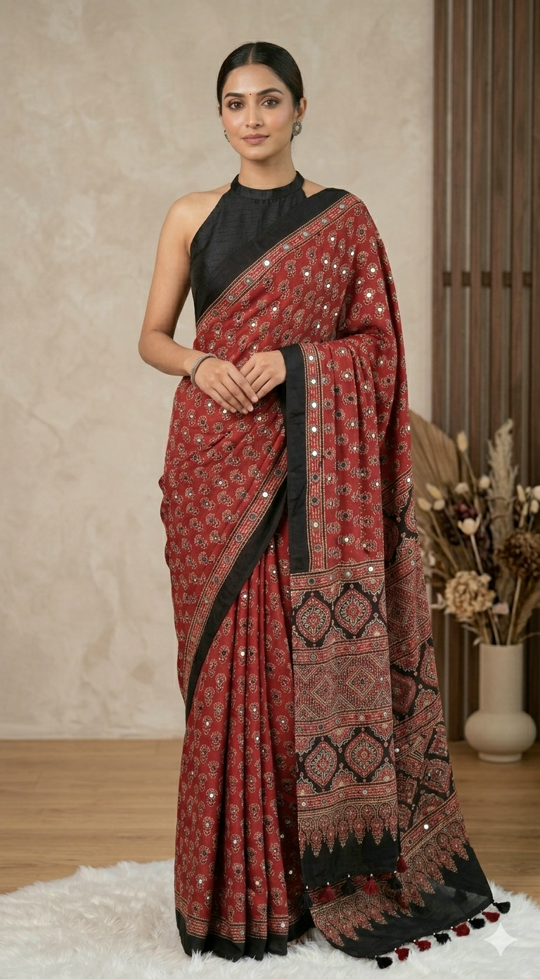 Modal silk saree with mirror work(glued)- stitched blouse