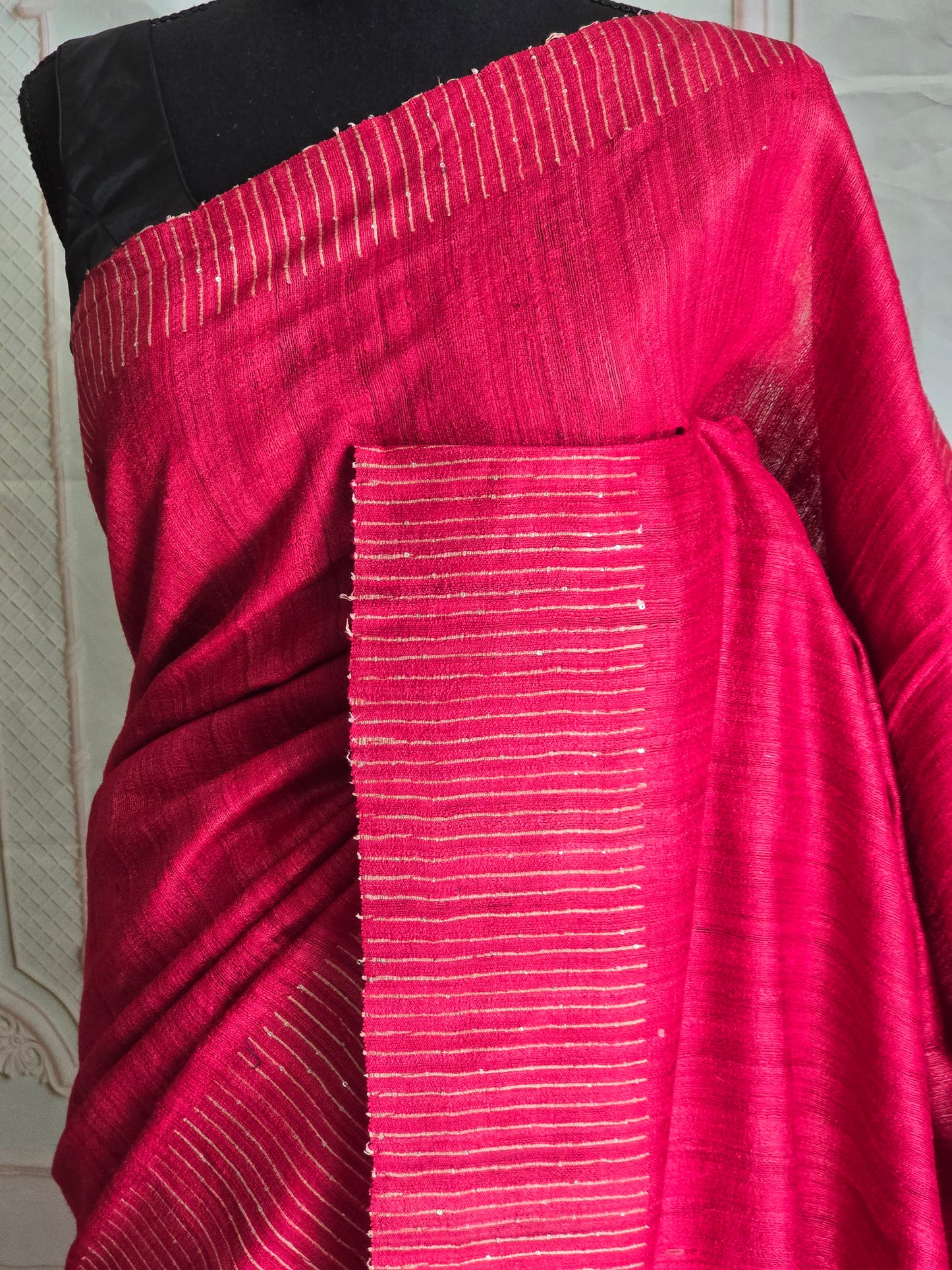 Pure jute silk saree with stitched blouse (sleevless black stripes)