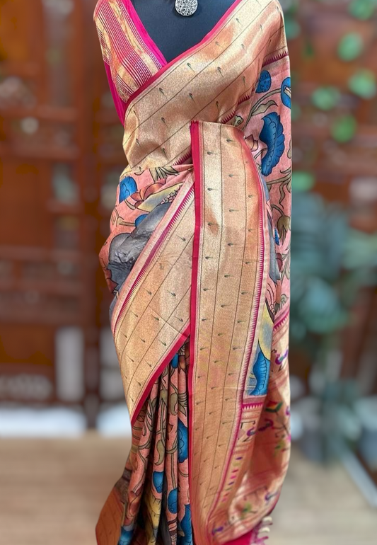 Katan dupion silk saree with digital kalamkari print with muniya weaving border- stitched blouse