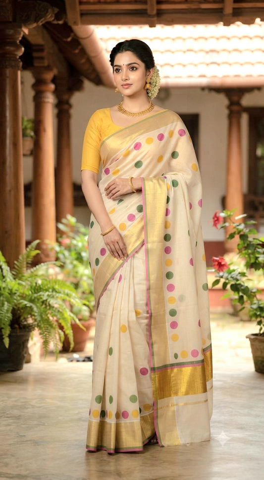 Tissue Kerala saree with polka dot prints- blouse pc