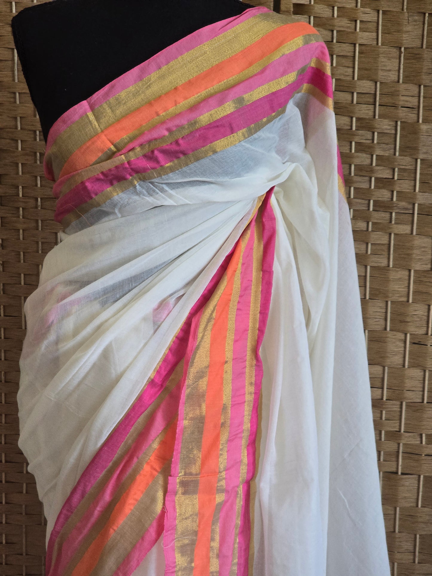 Mul cotton saree with multicolor border (fall and pico done)NO Blouse piece
