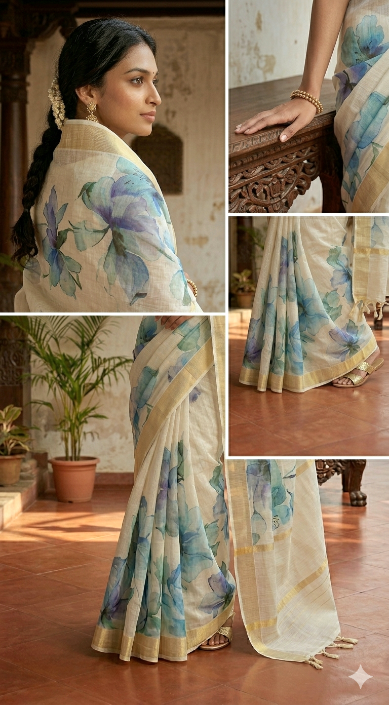 Semi silk saree with floral design- stitched blouse (sleeve)(34-42 size)