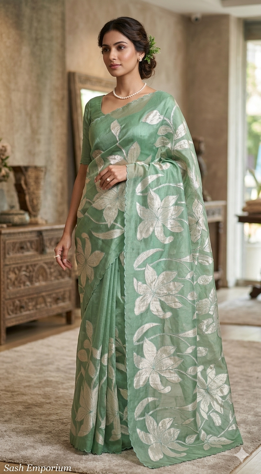 Turquish organza saree (sage green) with applique work- stitched blouse