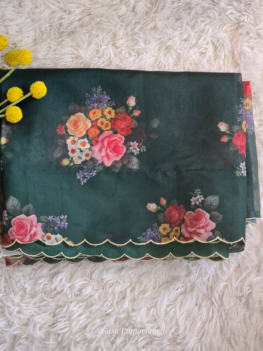 Semi organza saree with floral design- stitched blouse