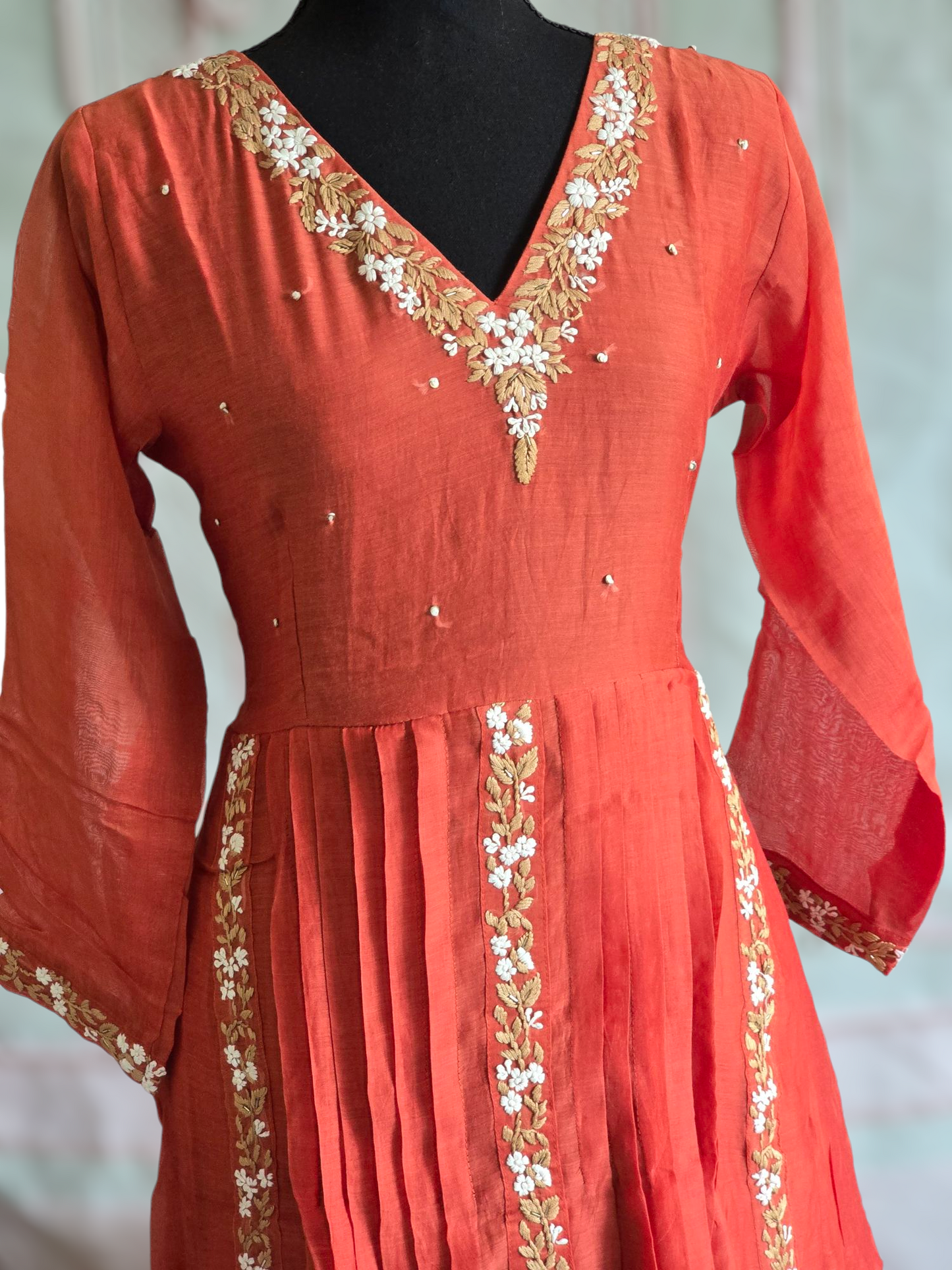 Malai chanderi 3 pc salwar suit set-Rusty orange shade