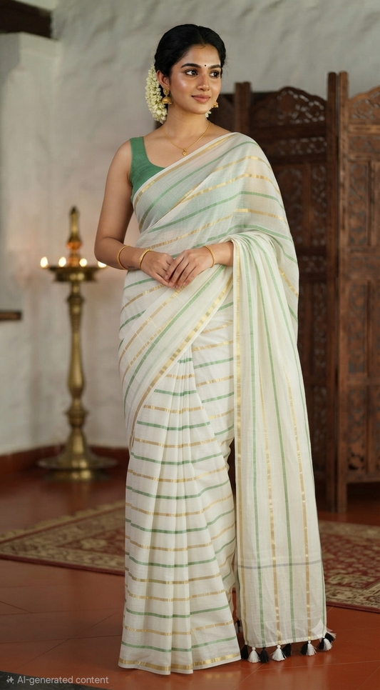 Cotton saree with green gold stripes