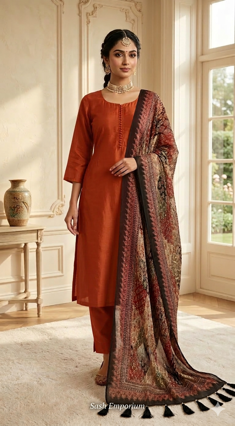 Semi raw silk 3pc salwar suit set(orange)