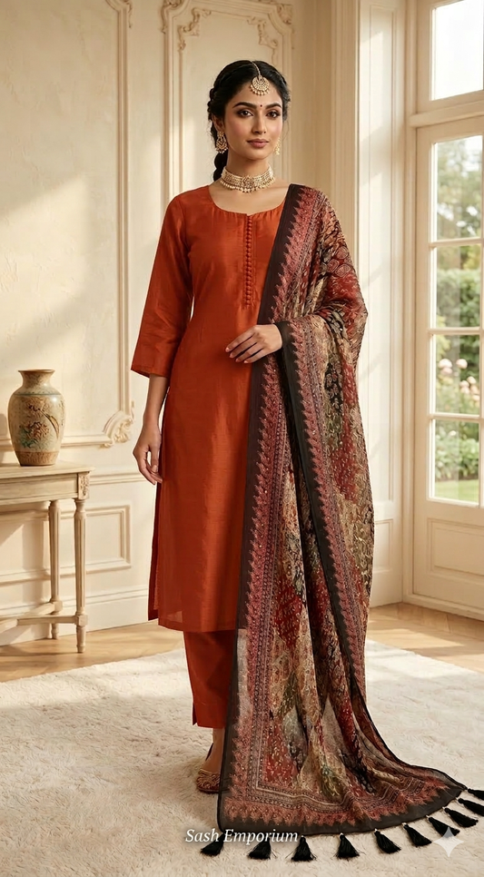 Semi raw silk 3pc salwar suit set(orange)