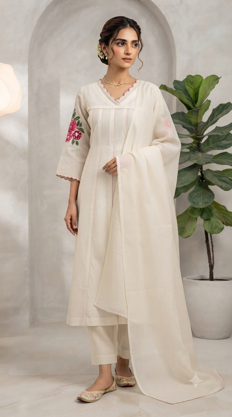 Malai chanderi  A line 3 pc salwar suit set with beautiful work