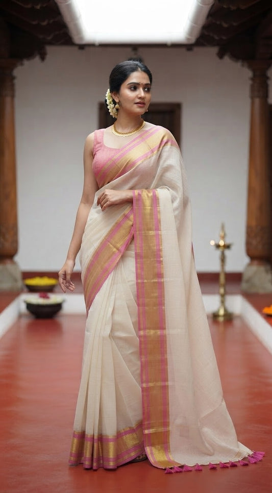 Mul cotton saree with pink amd gold border