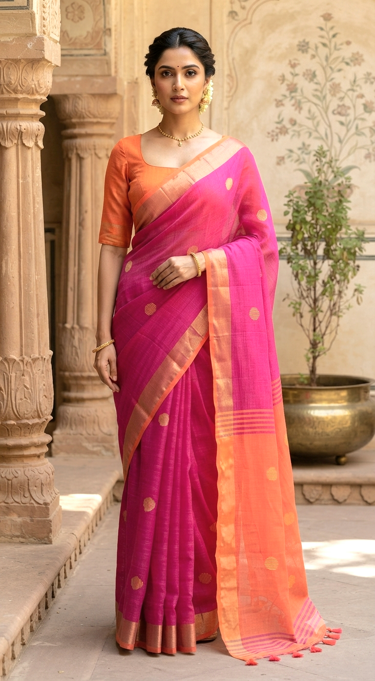 Semi linen saree with stitched blouse