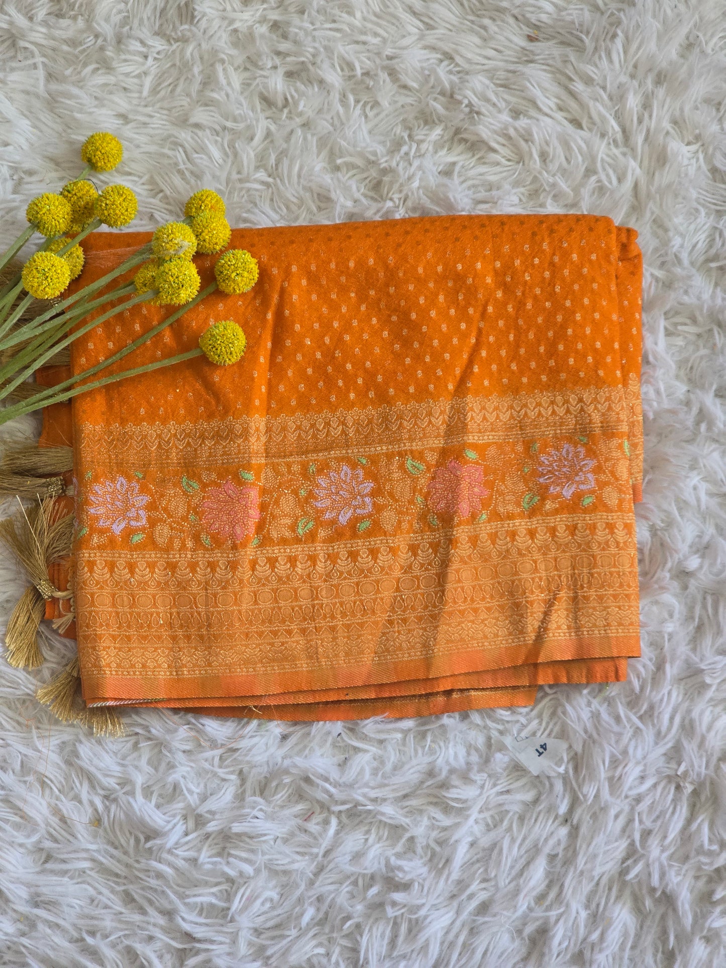 Semi munga (orange) silk saree with stitched blouse