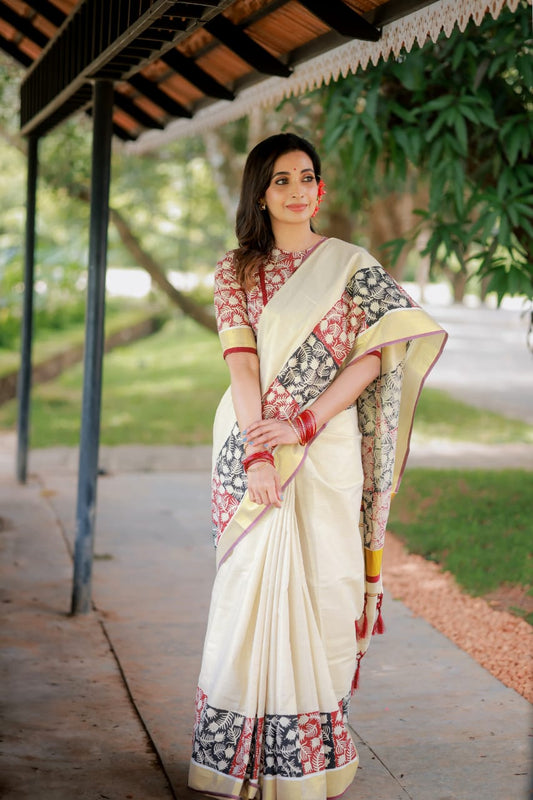 Premium tissue saree with block print-with stitched blouse