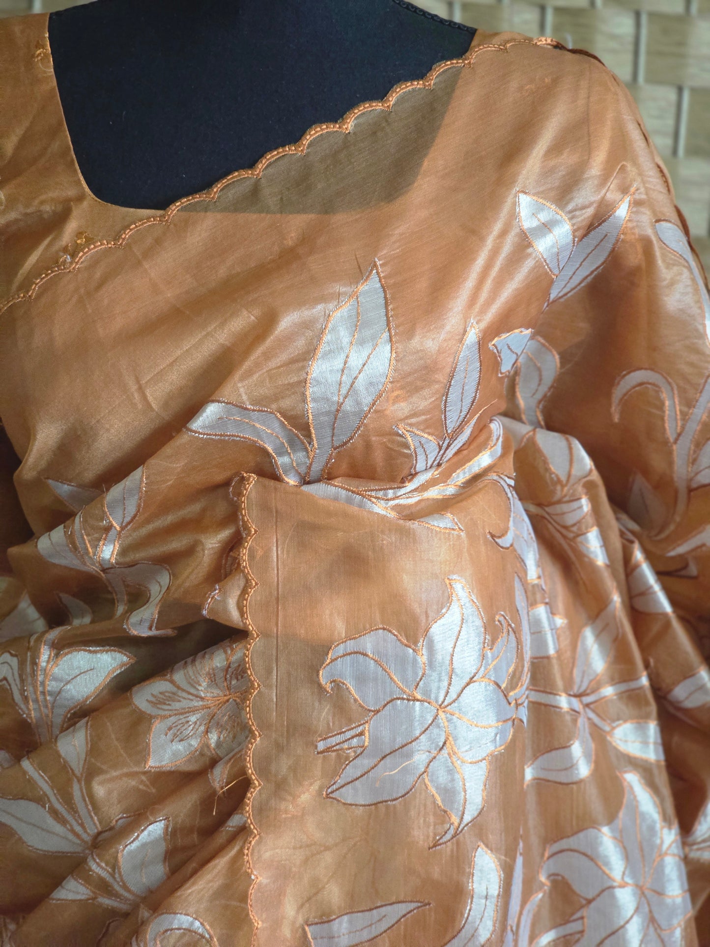Turquish organza saree ( burnt orange) with applique work- stitched blouse
