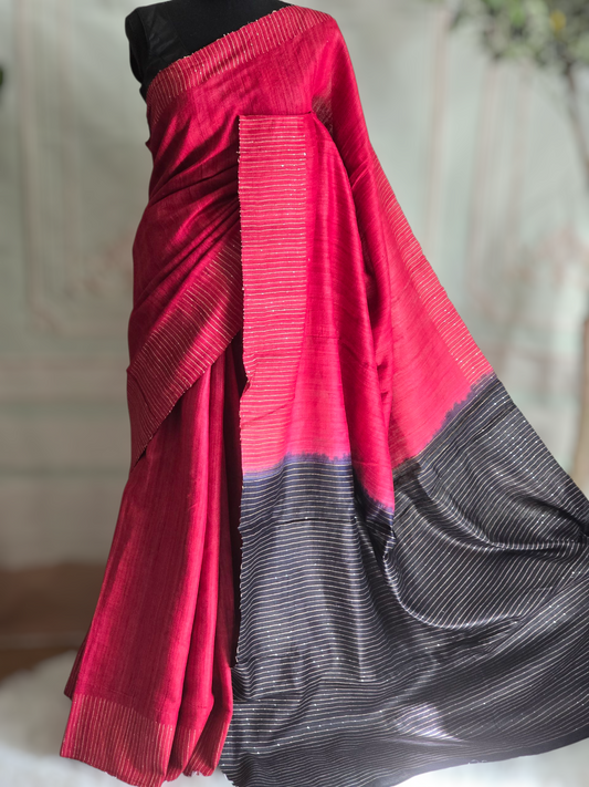 Pure jute silk saree with stitched blouse (sleevless black stripes)