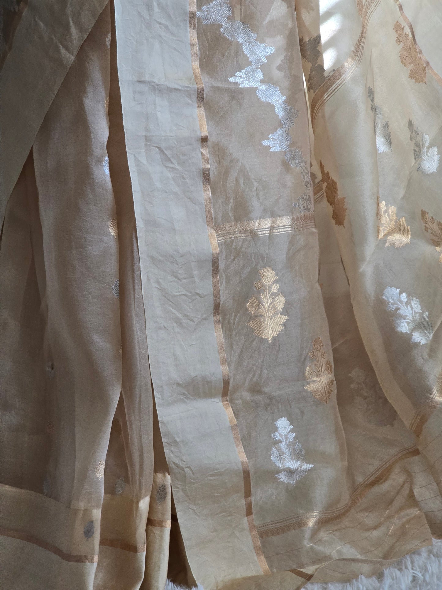 Beige golden shade-Kora Organza saree with golden weaves- Stitched blouse