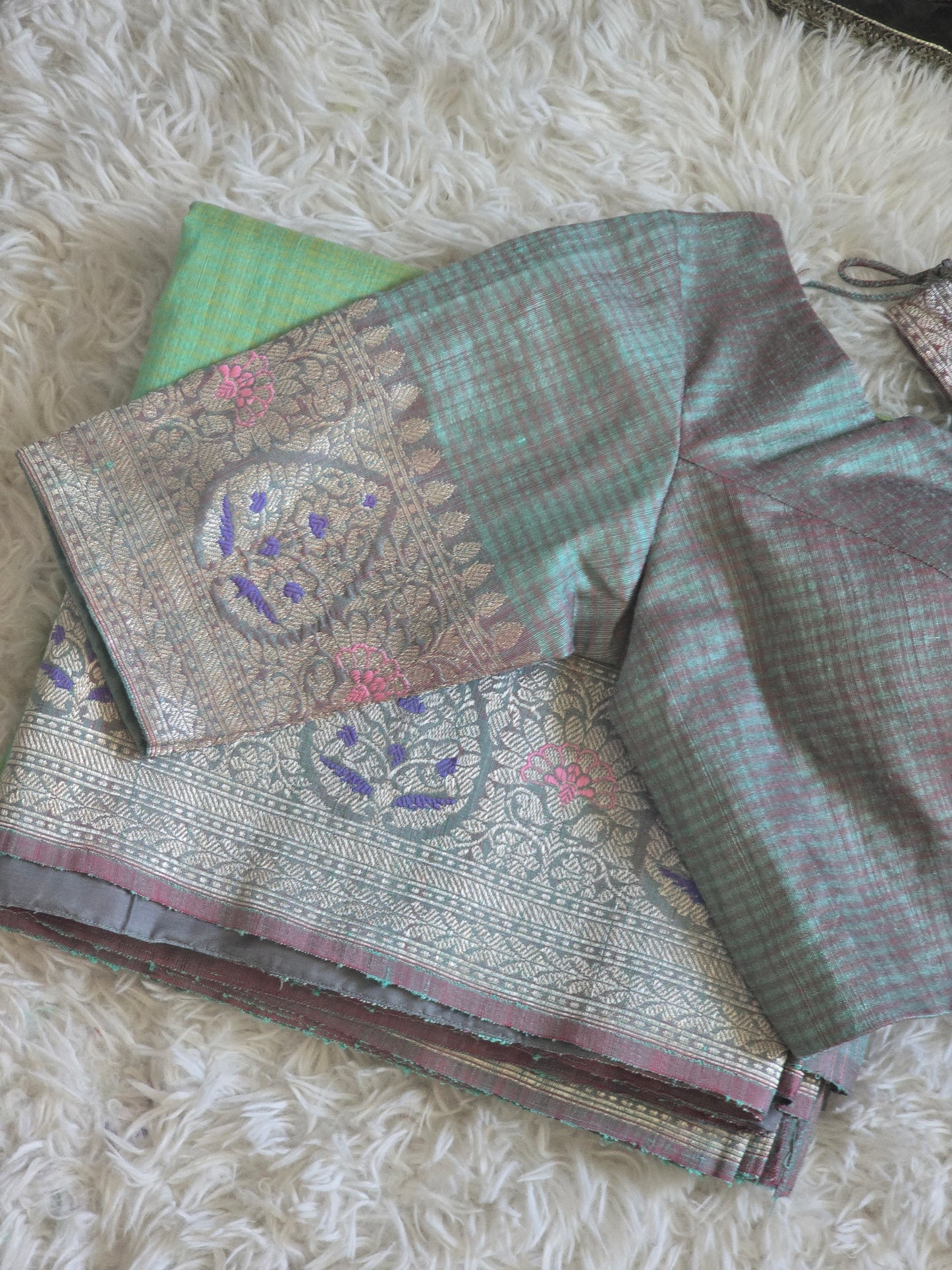 Handloom banarasi tussar saree with meenakari border- Stitched blouse
