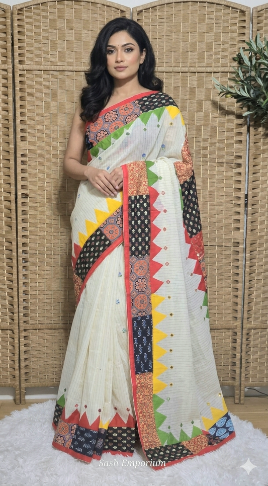 Cotton saree with multi color patch border-with Bp