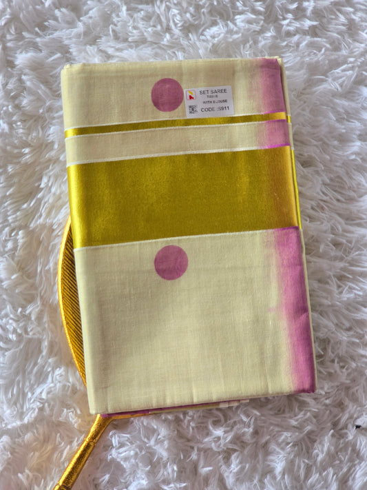 Tissue set saree with duel shade- pink polka dots