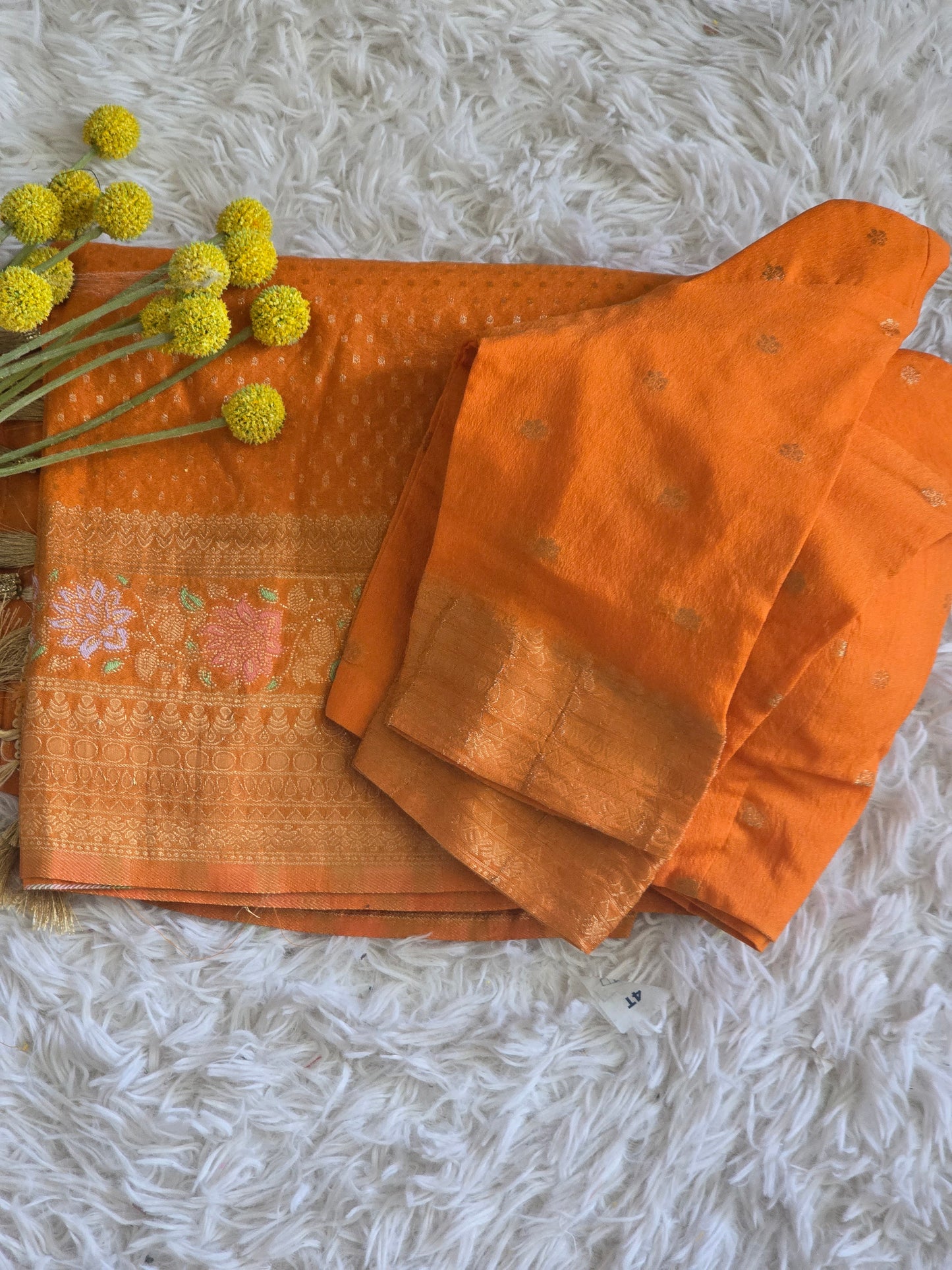 Semi munga (orange) silk saree with stitched blouse