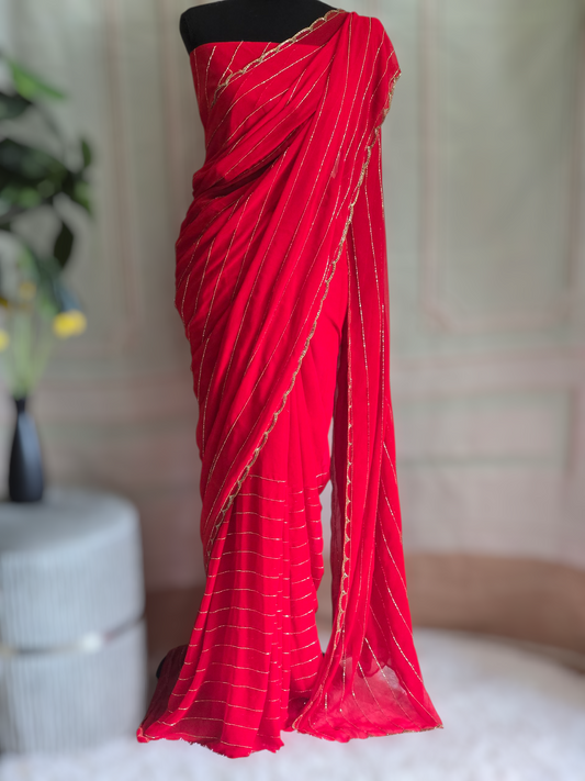 Georgette designer saree with cutdana work- sleevless blouse