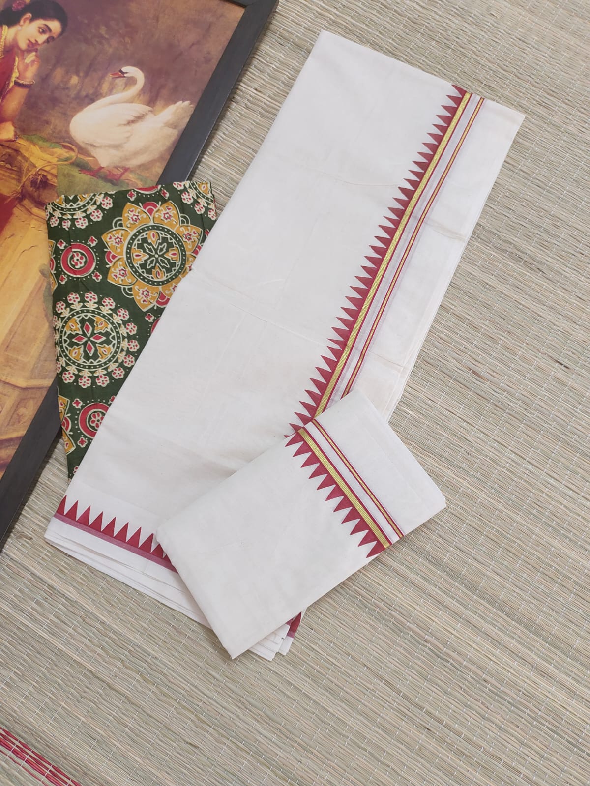 Premium cotton set mund with temple border without blouse