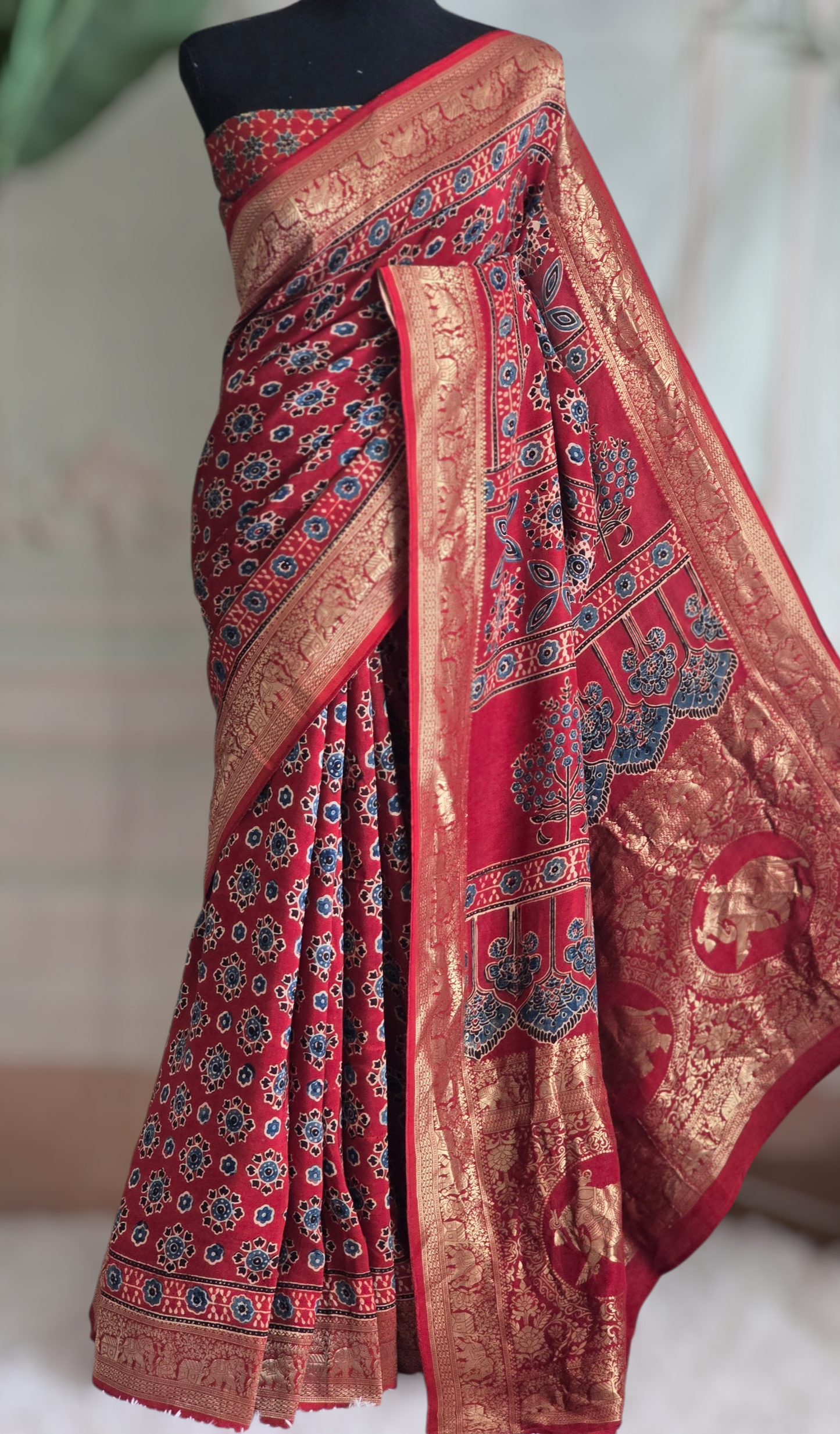 Dola silk saree with handblock print - stitched blouse
