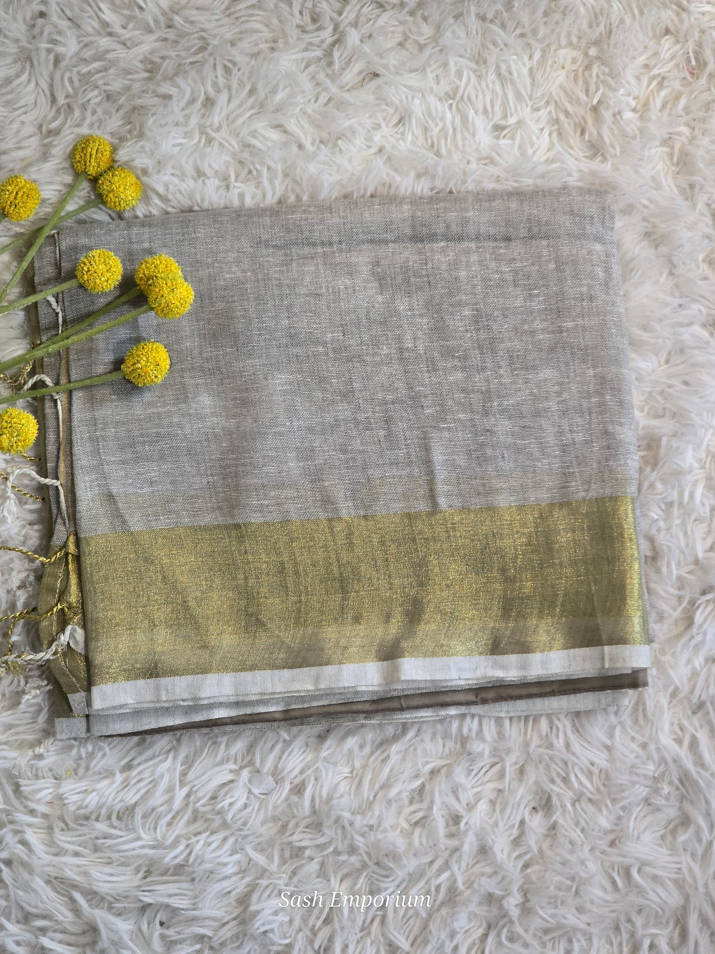 Linen cotton saree ( grey) with gold border-stitched blouse