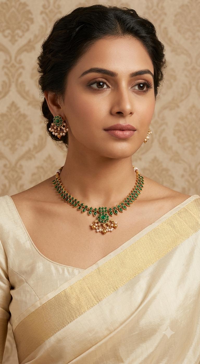 Green and pearl necklace with earrings