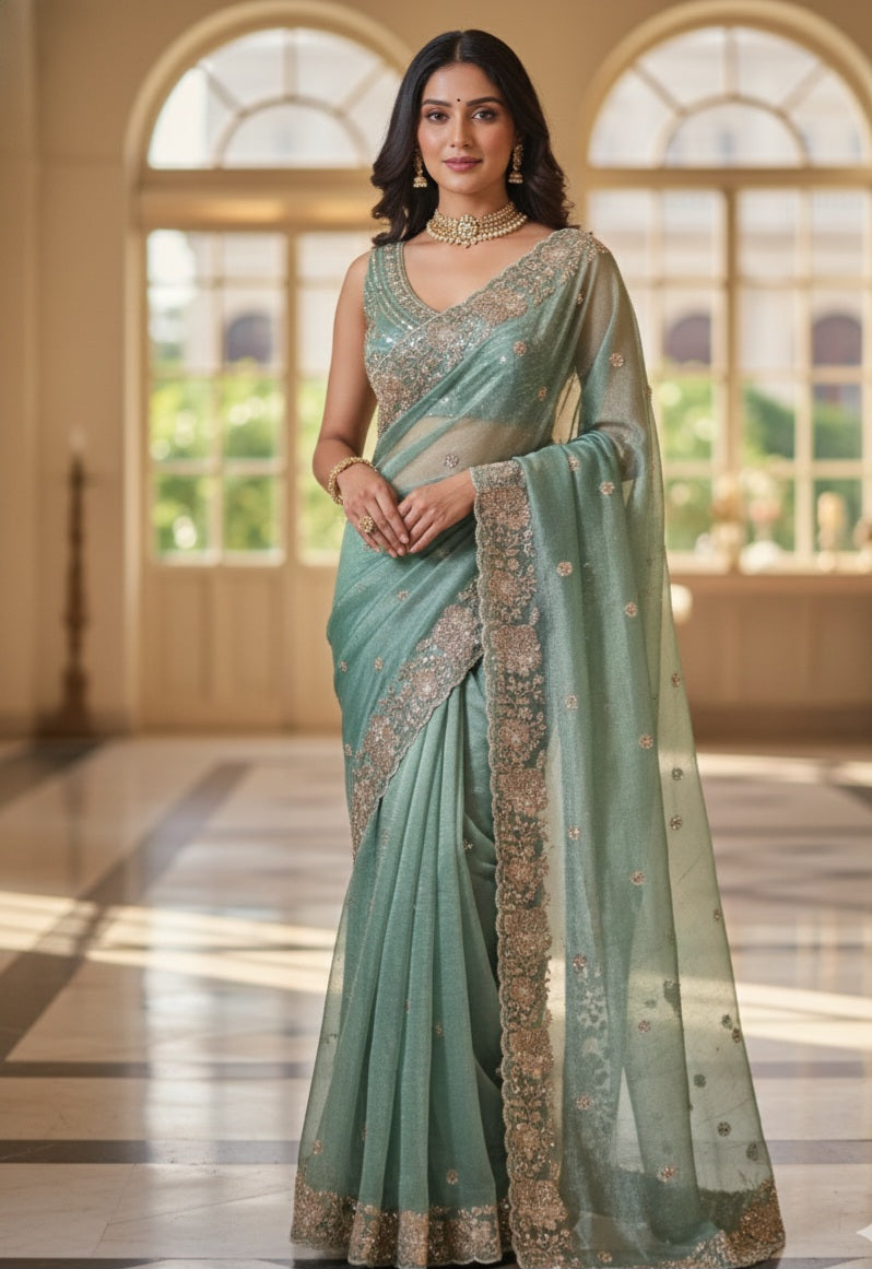 Sage green designer crushed tissue saree with heavy work- stitched designer sleevless blouse
