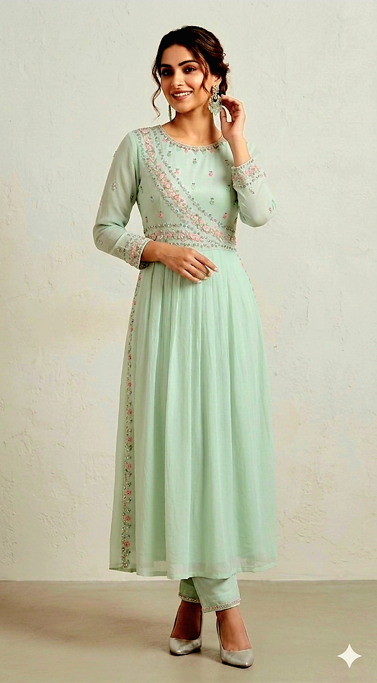 Party wear 2 pc kurti style set with full hand work (kurti and pant and dupatta