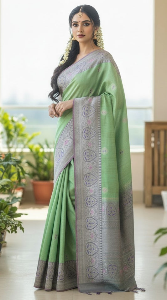 Handloom banarasi tussar saree with meenakari border- Stitched blouse