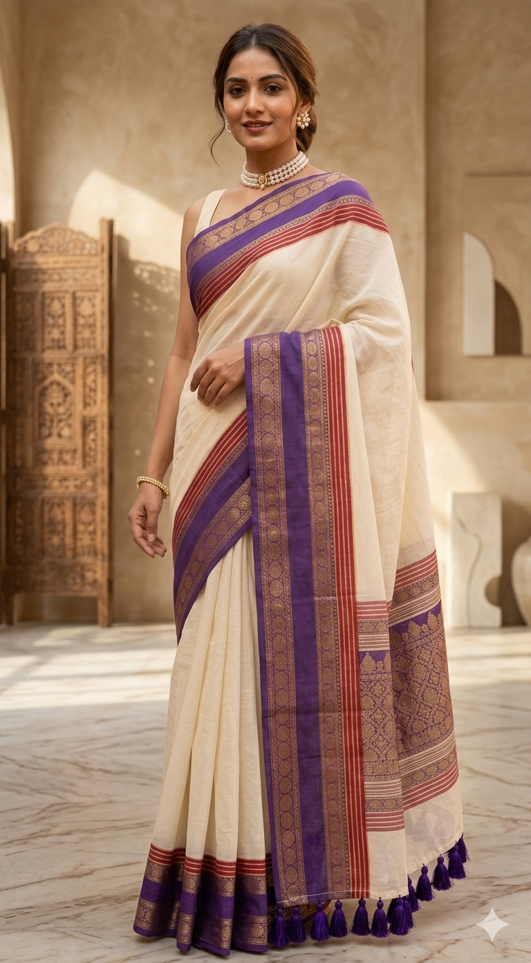 Mul cotton saree with kanchee border- BP(peach/purple)