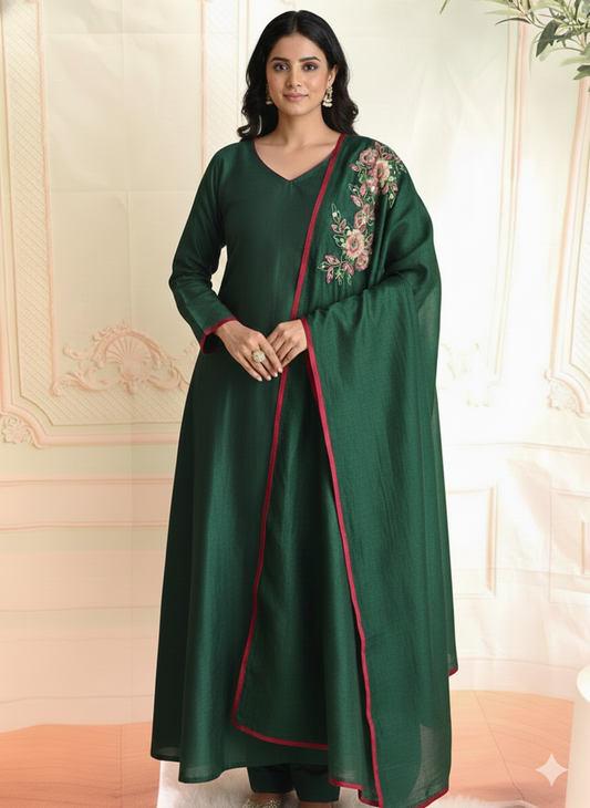 Dark green A line kurti with dupatta ( hand work)