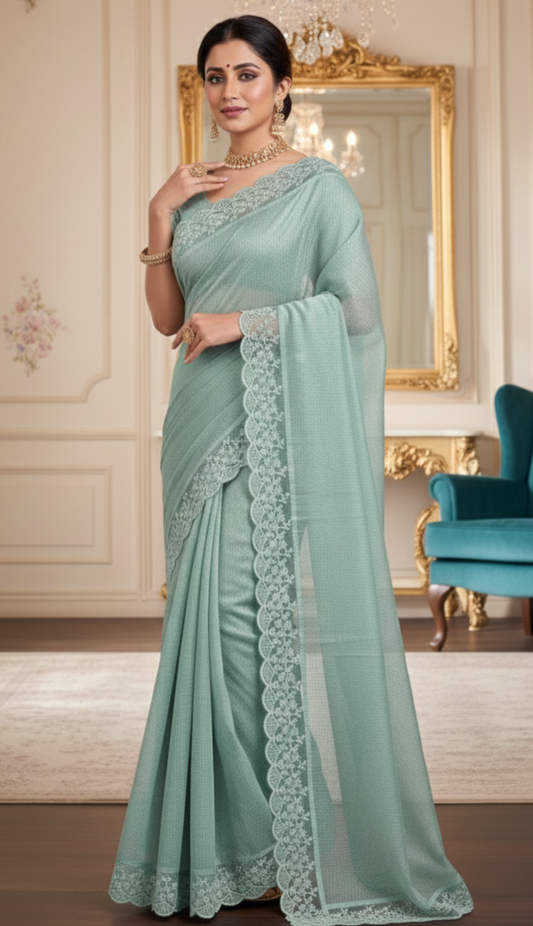 Kotta cotton saree with scallop border - Stitched blouse